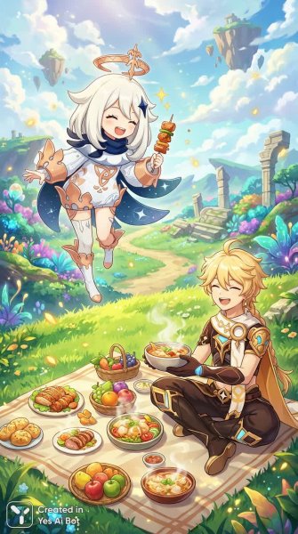 Радость Пэймона: приключения и вкусные угощения с Путешественником в ярком мире Genshin Impact. Изображение из нейросети Нано Банана