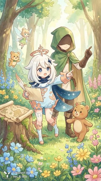 Паймон и удивительные приключения в цветущем лесу вместе с Путешественником. Нейросеть Nano-Banana