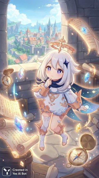 Размышления Паймон среди магических артефактов и тайн свободы. Генерация из нейронной сети Nano-Banana