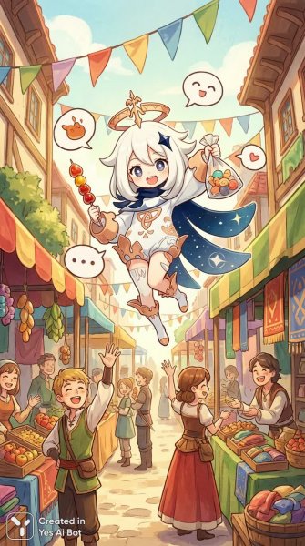 Весёлая Паймон в ярком рынке: угощения и радость встречи с друзьями!. Генерация из нейронной сети Нано Банана