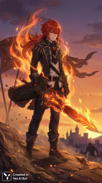 Дилюк: Огонь решимости и беспокойства за близких в лучах заката. Нейросеть Нано Банана