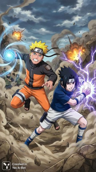 Наруто: Яростная битва дружбы и стремление к победе в хаосе. Картинка из нейросети NanoBanana