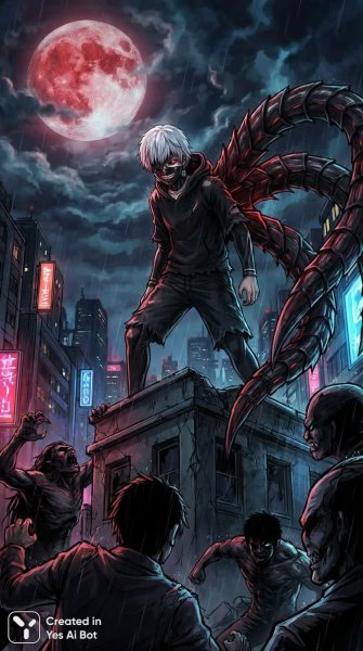 Темная ночь: Канеки в эпической схватке с гhouлами и собственной сущностью. Нейросеть Нано Банана