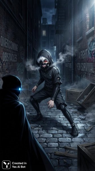 Кен Канеки: Битва за выживание в тени аллеи и столкновение с врагом. Картинка из нейронной сети Nano-Banana