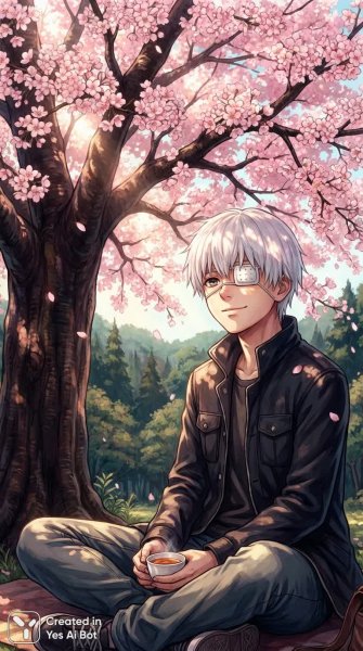 Канаки и умиротворение: размышления под цветущей сакурой. Генерация из нейронной сети Nano Banana