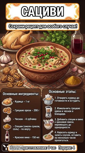 Изысканный сациви: традиционный рецепт вкуснейшего грузинского блюда для вашего стола. Картинка из нейронной сети Nano-Banana