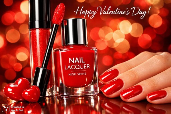 Яркий макияж на День святого Валентина: губы и ногти в одном цвете. Нейросеть Sora Images