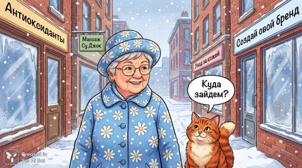 Мультяшная женщина с котом в зимнем городе: промпт для Nanno Banana. Нейронная сеть Нано Банана