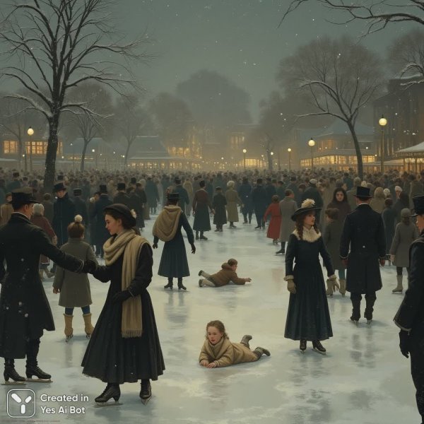 Зимний вечер на катке: прогулка в стиле старины и атмосфера безмятежности. Картинка из нейросети Flux Ai