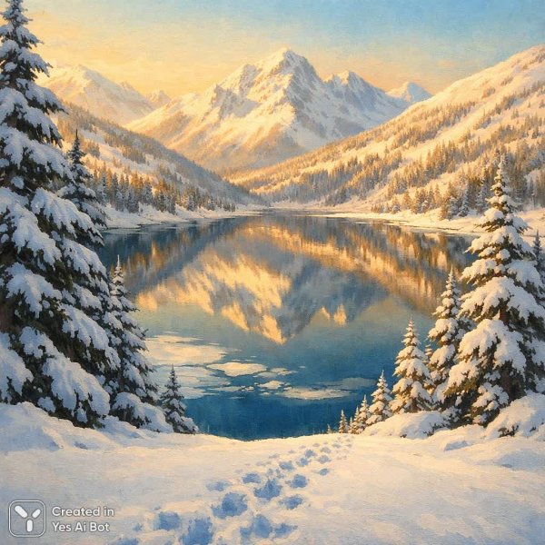 Зимнее спокойствие: отражение гор в зеркале озера и нежные золотые оттенки зари. Нейронная сеть Sora images Ai