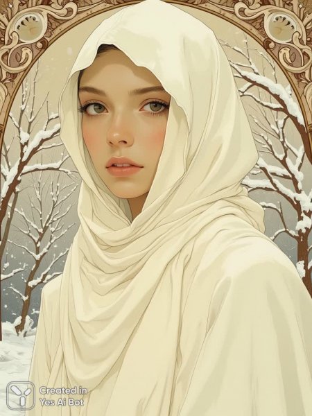 Зимняя элегия: женский портрет в стиле модерн и тихая красота природы. Изображение из нейронной сети Flux Ai