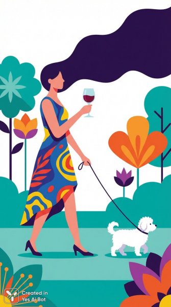 Элегантная девушка с вином и собакой в стильном образе. Генерация из нейросети Nano Banana