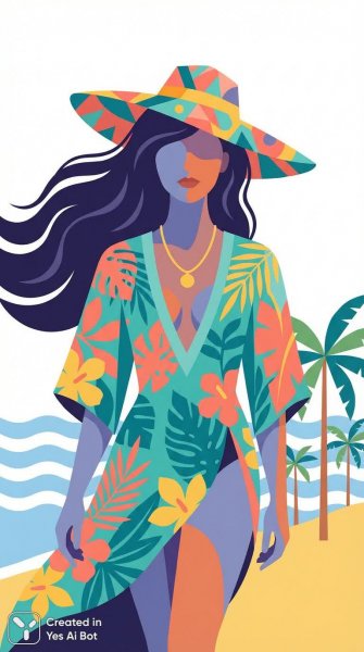 Девушка на пляже в тропическом стиле: минималистичная векторная иллюстрация. Нейросеть Nano-Banana