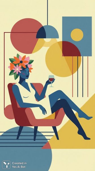 Женщина в синих тонах и цветочном венке: минимализм и графичный стиль Кристин Ульве. Генерация из нейросети Nano Banana