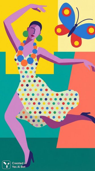 Танцующая женщина в фиолетовом и ярком платье. Генерация из нейронной сети NanoBanana