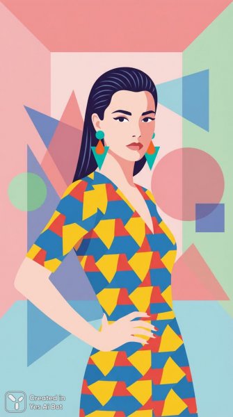 Яркая женщина в стильном платье и геометрическом пространстве. Нейронная сеть NanoBanana