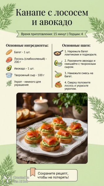 Изысканные канапе с лососем и авокадо: быстрый рецепт для вашего стола. Картинка из нейросети Нано Банана