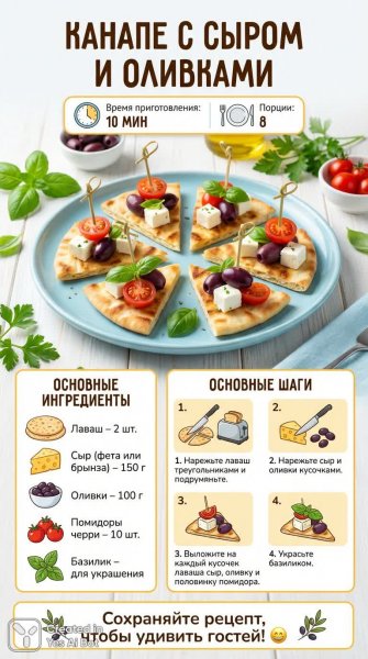 Быстрые канапе с сыром и оливками – идеальная закуска для праздничного стола или неожиданных гостей. Генерация из нейросети Нано Банана