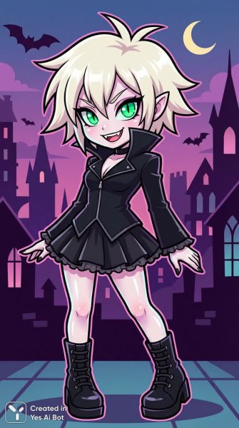 Загадочная вампирша: яркий аниме-портрет с платиновыми волосами и зелеными глазами. Нейросеть Nano Banana