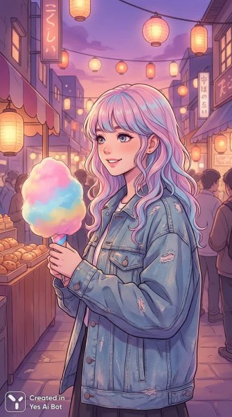 Девочка-аниме в джинсовке с сахарной ватой на рынке. Генерация из нейронной сети Nano Banana