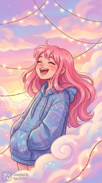 Веселая девушка в розовом свитере и облаках. Изображение из нейросети NanoBanana