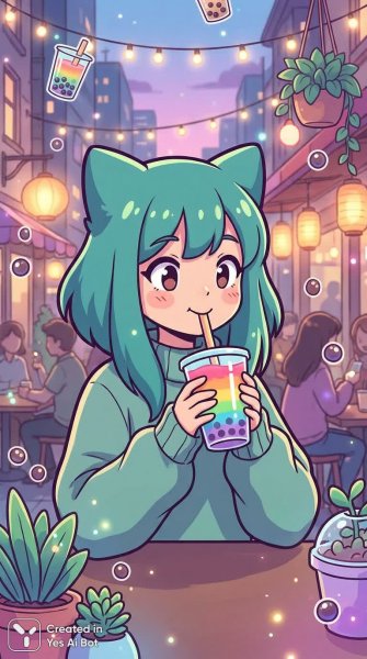 Милая девушка-аниме с кошачьими ушками наслаждается напитком в кафе. Изображение из нейросети Nano Banana