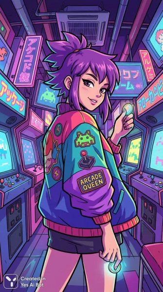 Яркая девушка в неоновом аркаде: взрыв энергии и стиля аниме-иллюстрации в высоком разрешении. Картинка из нейросети NanoBanana