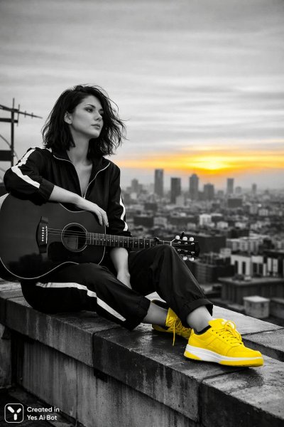 Девушка с гитарой на крыше: монохромная мечта городского заката и яркий акцент. Изображение из нейронной сети Sora Images
