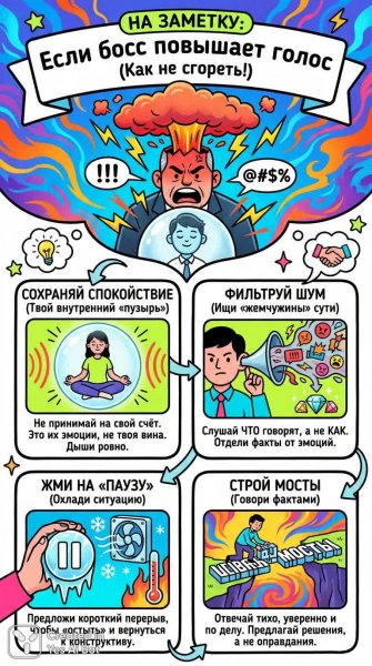 Как справиться с криком начальника: инфографика с полезными советами и ярким дизайном. Изображение из нейронной сети Нано Банана