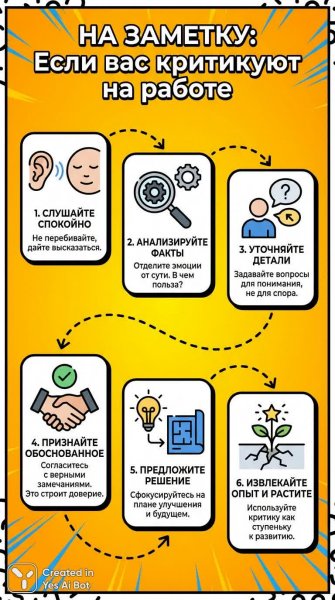 Как реагировать на критику: пошаговая инфографика для работы. Картинка из нейронной сети NanoBanana