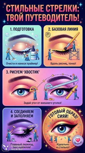 Секреты идеальной стрелки: веселая инфографика для начинающих визажистов. Нейросеть NanoBanana