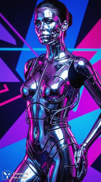 Хромированная киберженщина в стиле восьмидесятых: детальный портрет. Генерация из нейронной сети NanoBanana