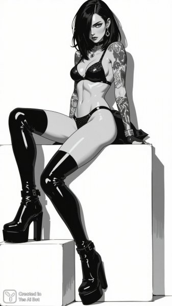 Дерзкая красота: черно-белый портрет в кружеве и ботинках на платформе. Изображение из нейросети Flux