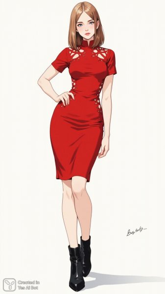 Элегантность и дерзость: фотосессия в красном платье и ботинках на шнуровке. Картинка из нейросети Flux