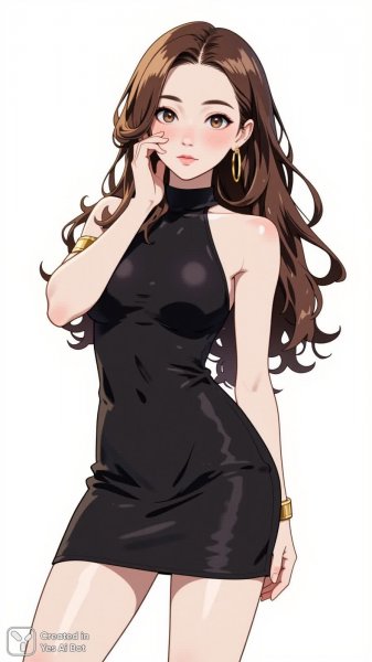 Молодая женщина в черном платье и золотых украшениях на фоне белого. Нейронная сеть Flux Ai