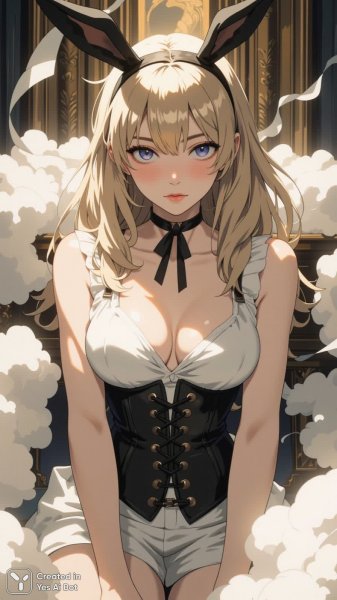 Загадочная блондинка в корсете и заячьих ушах среди белого дыма: черно-белая элегантность. Изображение из нейросети Flux