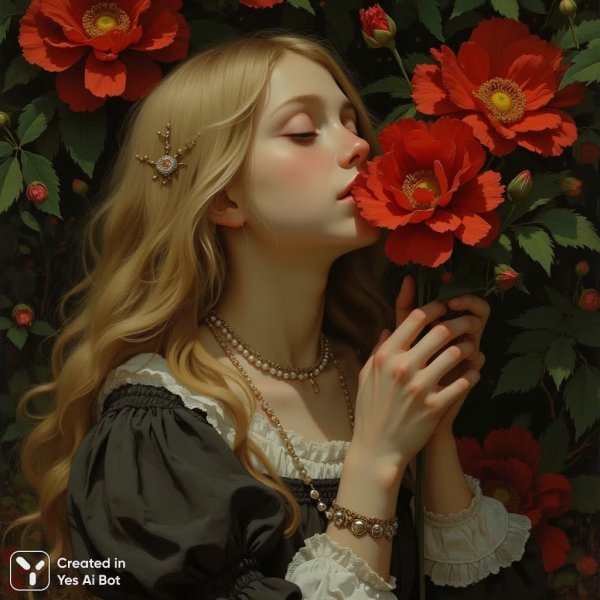 Девушка и алый цветок: момент тихой радости и романтической задумчивости. Нейросеть Flux
