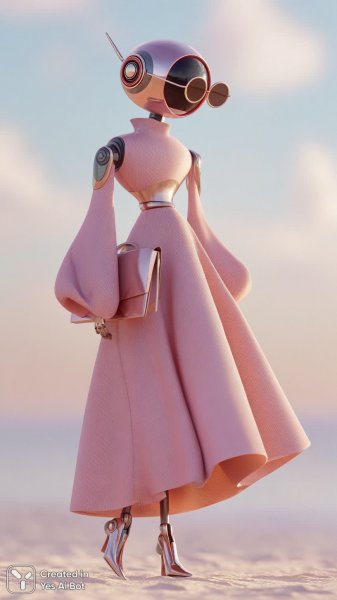 Девушка-андроид на пляже в розовом платье с хромом и элементами научной фантастики. Изображение из нейронной сети Midjourney