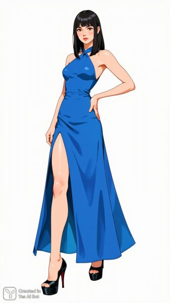 Элегантная девушка в синем платье и платформе: мода и уверенность. Картинка из нейронной сети Flux Ai