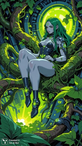 Загадочная нимфа биомеханического леса, сплетенная с природой и технологиями. Изображение из нейросети Flux Ai