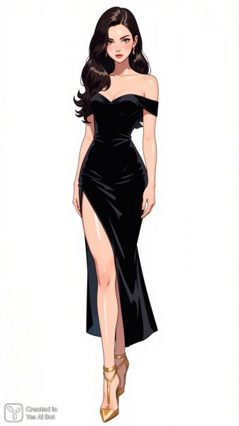 Элегантная девушка в черном платье и золотых туфлях на белом фоне. Нейросеть Flux.1