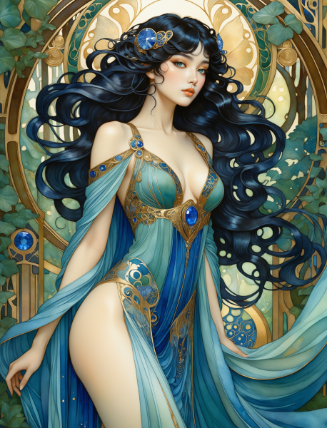 Бронзовая богиня леса в стиле ар-нуво и акварели. Генерация из нейронной сети Stable Diffusion