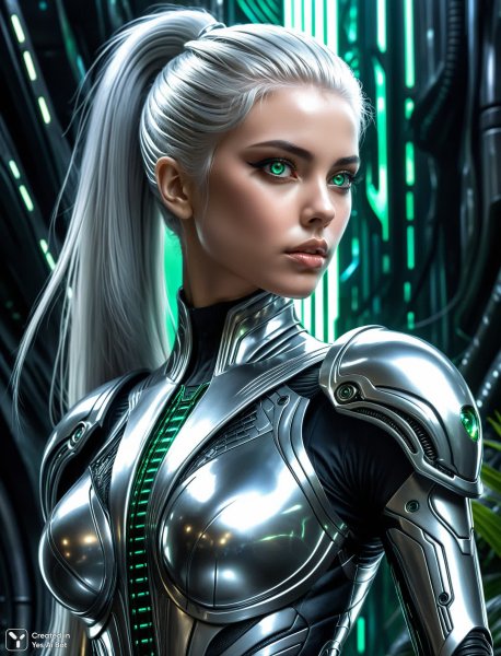 Механическая богиня в футуристическом мире, завораживающий портрет. Картинка из нейросети Стейбл Дифьюжн