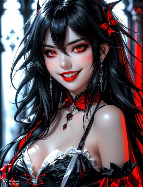 Загадочная улыбка вампирши: аниме арт в готическом стиле и с яркими деталями. Картинка из нейронной сети Stable Diffusion