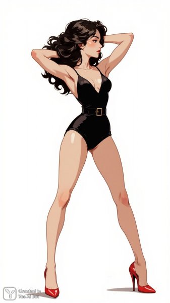 Элегантность и стиль: модный образ в черном комбинезоне с яркими акцентами. Изображение из нейронной сети Flux.1