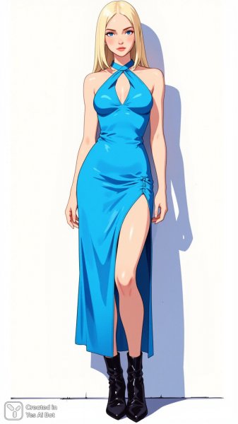 Молодая женщина в голубом платье и ботинках: стильный цифровой портрет. Генерация из нейросети Flux