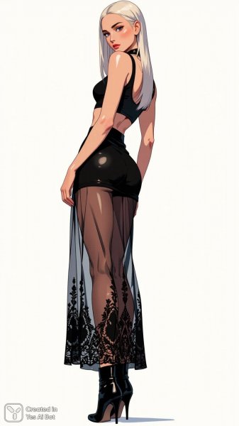 Элегантный силуэт: современная мода в изящной иллюстрации с кружевной юбкой и высокими сапогами. Картинка из нейронной сети Flux Ai