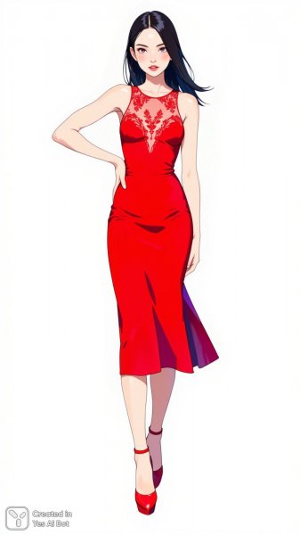 Девушка в красном платье: элегантность и стиль современной иллюстрации. Картинка из нейронной сети Flux