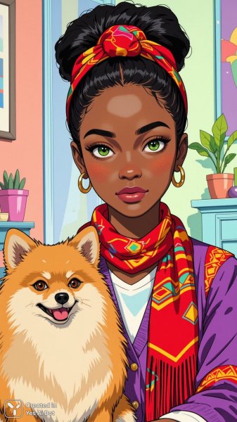 Яркая африканка с винтажным стилем и пушистым померанцем в красочном интерьере. Картинка из нейронной сети Flux.1