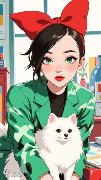 Девушка с кукольным лицом и ярким алым бантом в зеленом пальто с принтом. Картинка из нейросети Flux 1